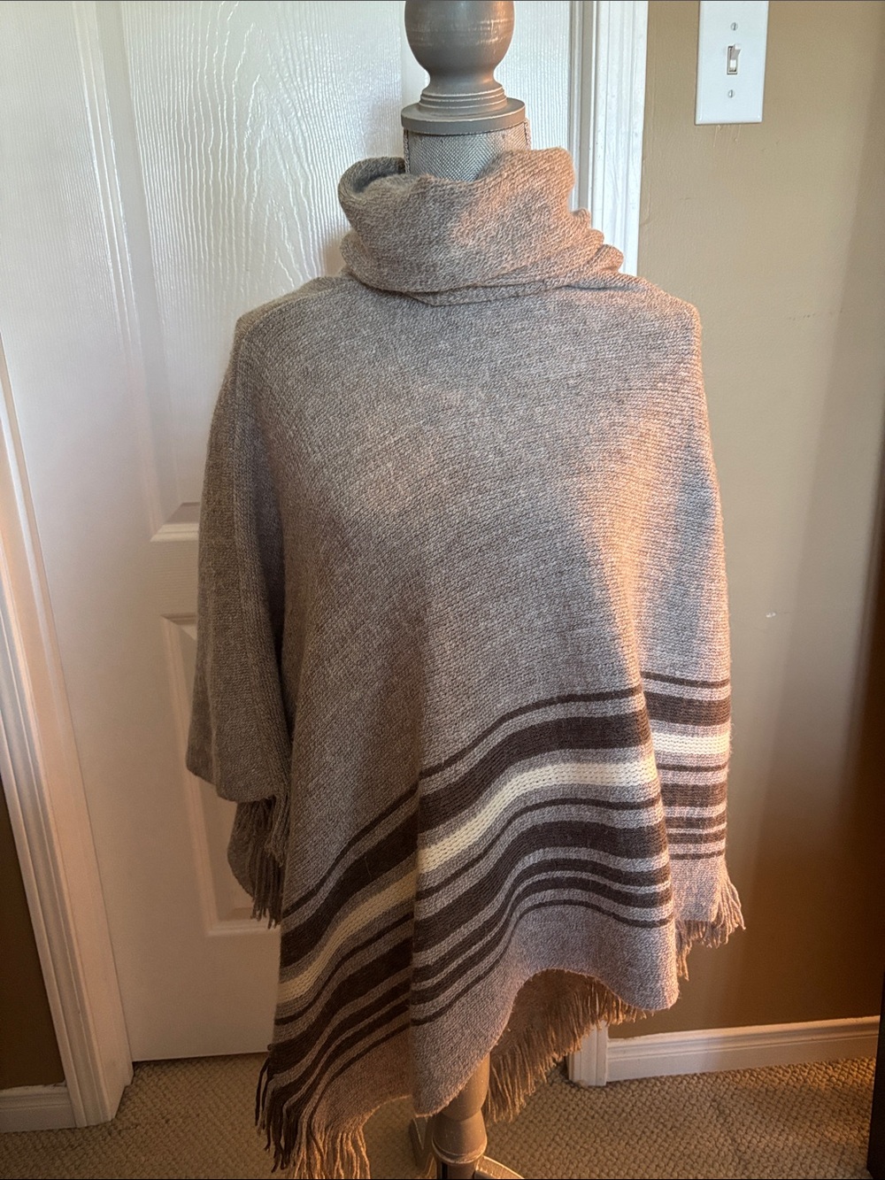 Turtleneck Fringe Poncho Sweater - Gray Beige Stripes